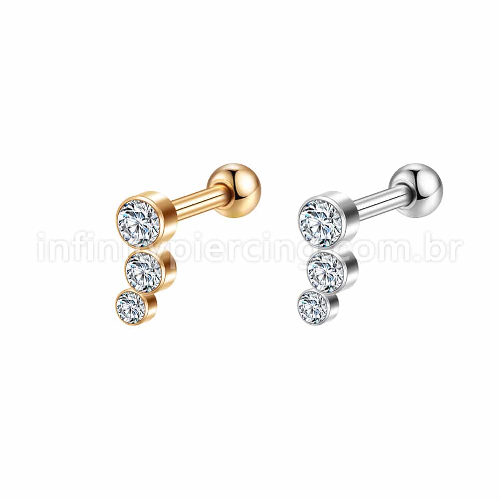 Piercing Minibarbell Aço Cirúrgico Trio Curvo Zircônia Cravada
